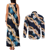 Puakenikeni Maile Lei Couples Matching Tank Maxi Dress and Long Sleeve Button Shirt Frangipani Blue Tropical Leaves LT01 - Polynesian Pride