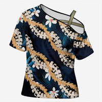 Puakenikeni Maile Lei Cross Shoulder Shirt Frangipani Blue Tropical Leaves
