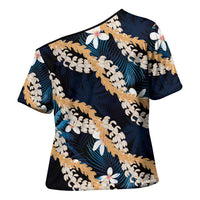 Puakenikeni Maile Lei Cross Shoulder Shirt Frangipani Blue Tropical Leaves