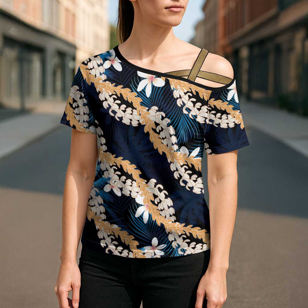 Puakenikeni Maile Lei Cross Shoulder Shirt Frangipani Blue Tropical Leaves