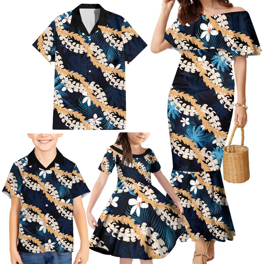 Puakenikeni Maile Lei Family Matching Mermaid Dress and Hawaiian Shirt Frangipani Blue Tropical Leaves LT01 - Polynesian Pride