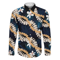 Puakenikeni Maile Lei Family Matching Off Shoulder Maxi Dress and Hawaiian Shirt Frangipani Blue Tropical Leaves LT01 Dad's Shirt - Long Sleeve Blue - Polynesian Pride
