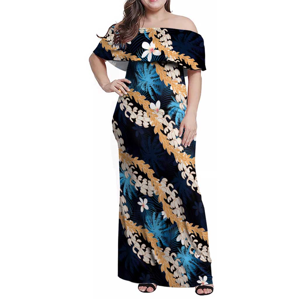 Puakenikeni Maile Lei Family Matching Off Shoulder Maxi Dress and Hawaiian Shirt Frangipani Blue Tropical Leaves LT01 Mom's Dress Blue - Polynesian Pride