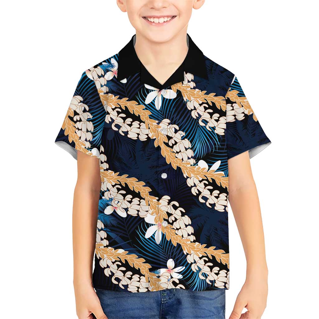 Puakenikeni Maile Lei Family Matching Off Shoulder Maxi Dress and Hawaiian Shirt Frangipani Blue Tropical Leaves LT01 Son's Shirt Blue - Polynesian Pride