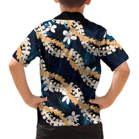 Puakenikeni Maile Lei Family Matching Off Shoulder Short Dress and Hawaiian Shirt Frangipani Blue Tropical Leaves LT01 - Polynesian Pride