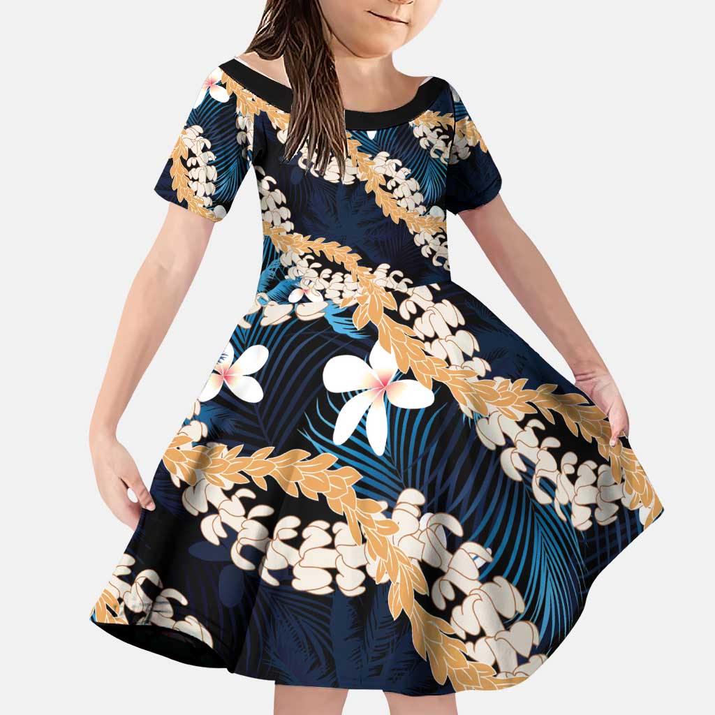 Puakenikeni Maile Lei Family Matching Off Shoulder Short Dress and Hawaiian Shirt Frangipani Blue Tropical Leaves LT01 Daughter's Dress Blue - Polynesian Pride
