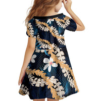Puakenikeni Maile Lei Family Matching Off Shoulder Short Dress and Hawaiian Shirt Frangipani Blue Tropical Leaves LT01 - Polynesian Pride