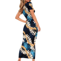 Puakenikeni Maile Lei Family Matching Short Sleeve Bodycon Dress and Hawaiian Shirt Frangipani Blue Tropical Leaves LT01 - Polynesian Pride
