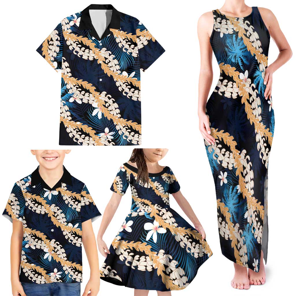 Puakenikeni Maile Lei Family Matching Tank Maxi Dress and Hawaiian Shirt Frangipani Blue Tropical Leaves LT01 - Polynesian Pride