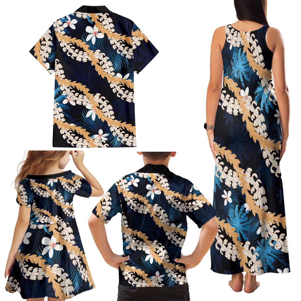 Puakenikeni Maile Lei Family Matching Tank Maxi Dress and Hawaiian Shirt Frangipani Blue Tropical Leaves LT01 - Polynesian Pride
