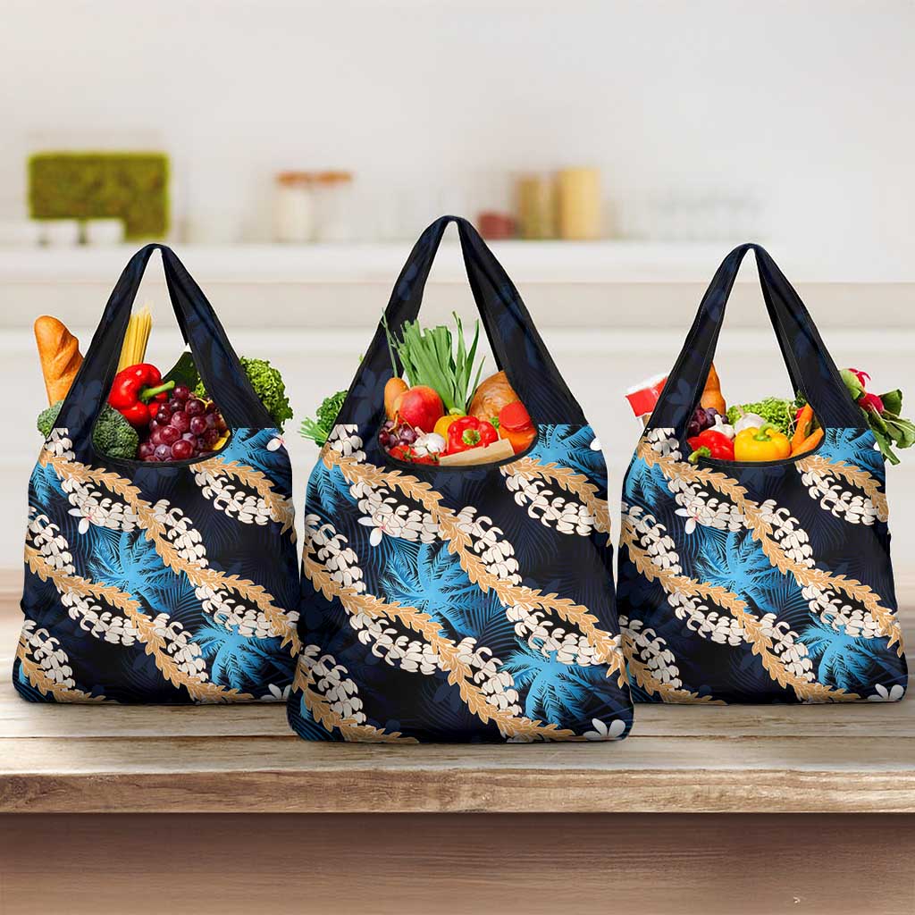 Puakenikeni Maile Lei Grocery Bag Frangipani Blue Tropical Leaves