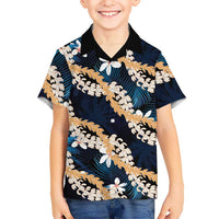 Puakenikeni Maile Lei Hawaiian Shirt Frangipani Blue Tropical Leaves