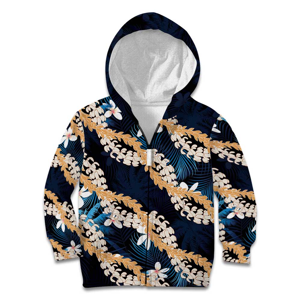 Puakenikeni Maile Lei Kid Hoodie Frangipani Blue Tropical Leaves