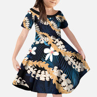 Puakenikeni Maile Lei Kid Short Sleeve Dress Frangipani Blue Tropical Leaves LT01 KID Blue - Polynesian Pride
