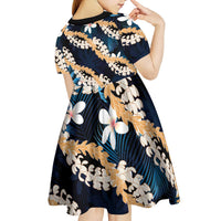 Puakenikeni Maile Lei Kid Short Sleeve Dress Frangipani Blue Tropical Leaves LT01 - Polynesian Pride