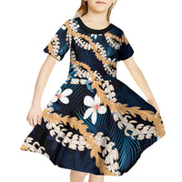 Puakenikeni Maile Lei Kid Short Sleeve Dress Frangipani Blue Tropical Leaves LT01 - Polynesian Pride