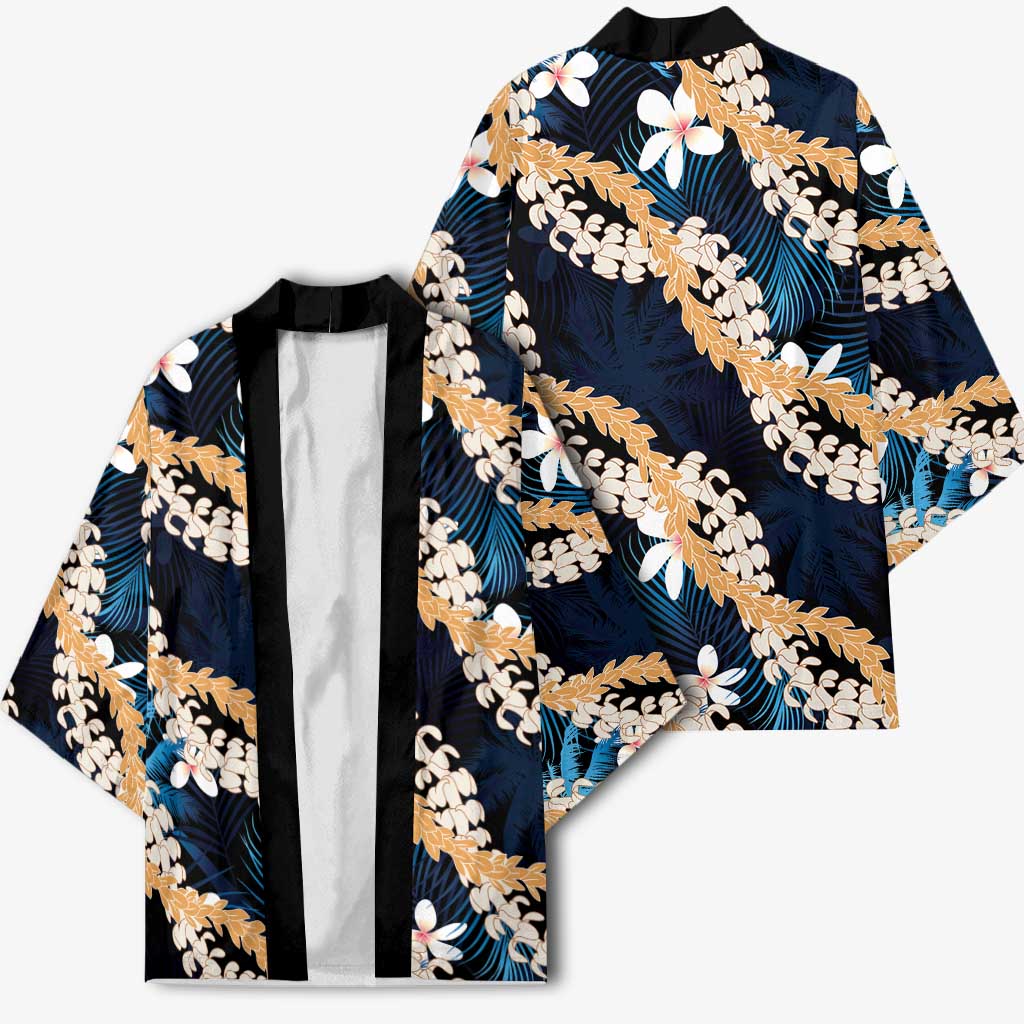 Puakenikeni Maile Lei Kimono Frangipani Blue Tropical Leaves