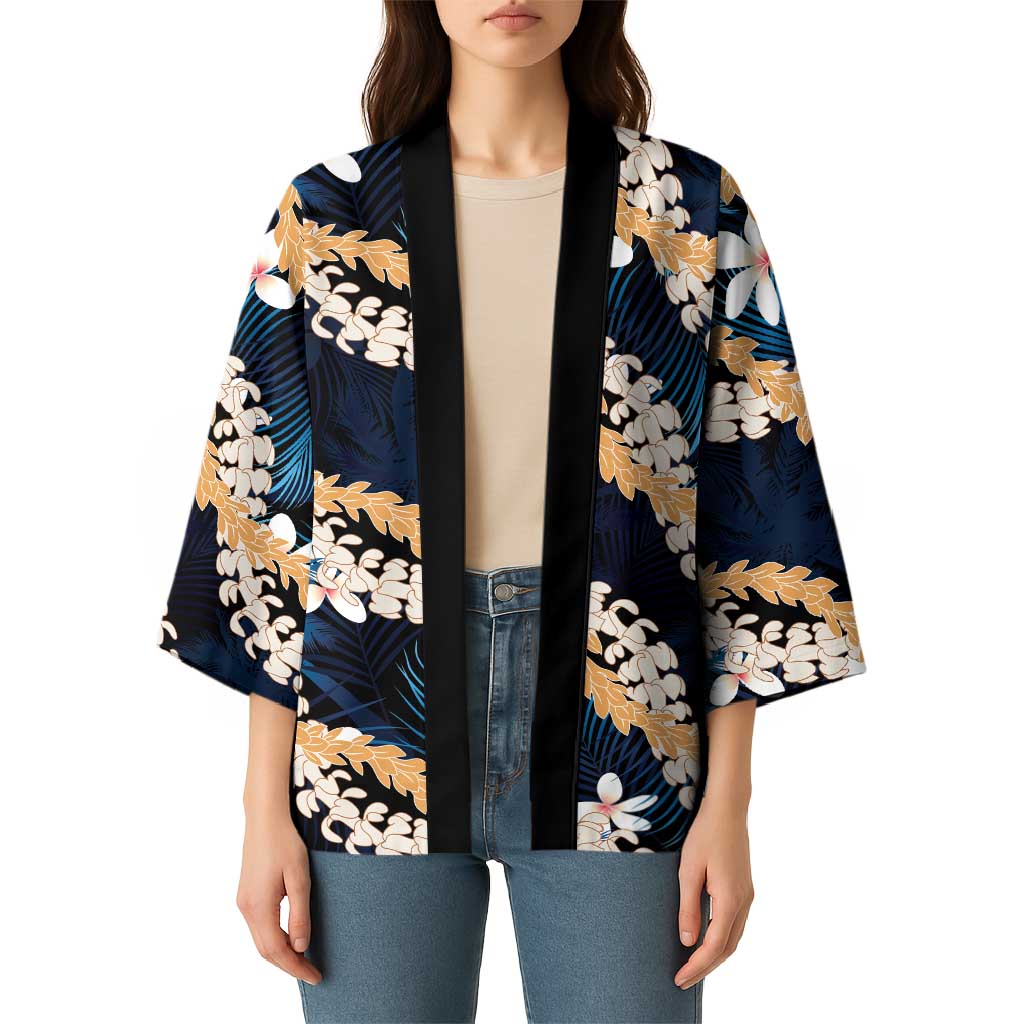 Puakenikeni Maile Lei Kimono Frangipani Blue Tropical Leaves