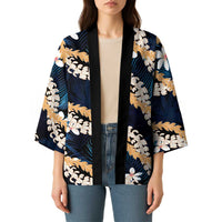 Puakenikeni Maile Lei Kimono Frangipani Blue Tropical Leaves
