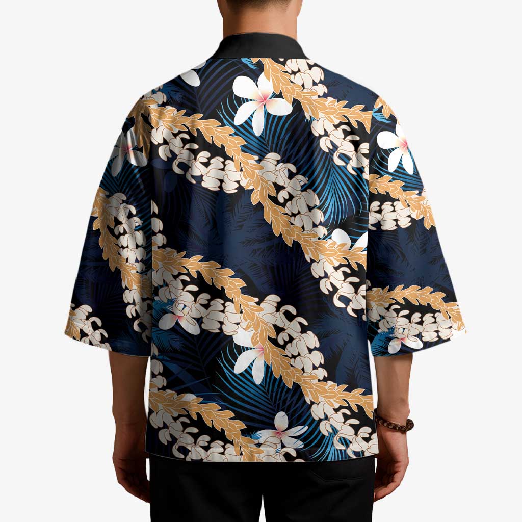 Puakenikeni Maile Lei Kimono Frangipani Blue Tropical Leaves
