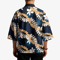 Puakenikeni Maile Lei Kimono Frangipani Blue Tropical Leaves