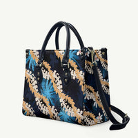 Puakenikeni Maile Lei Leather Bag Frangipani Blue Tropical Leaves LT01 Blue - Polynesian Pride
