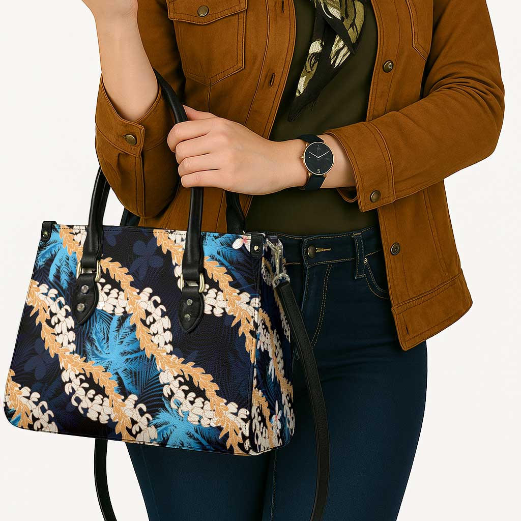 Puakenikeni Maile Lei Leather Bag Frangipani Blue Tropical Leaves LT01 - Polynesian Pride