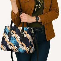 Puakenikeni Maile Lei Leather Bag Frangipani Blue Tropical Leaves LT01 - Polynesian Pride
