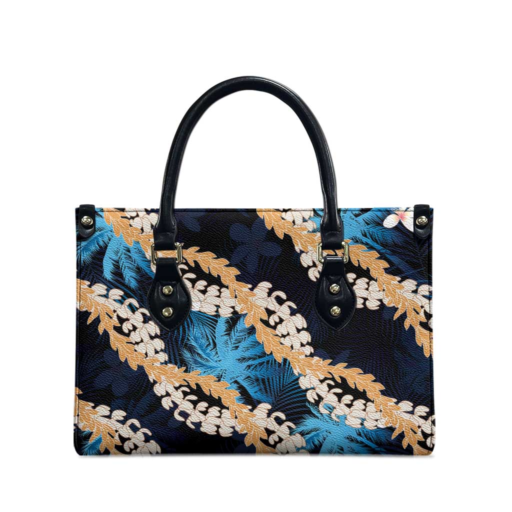 Puakenikeni Maile Lei Leather Bag Frangipani Blue Tropical Leaves LT01 - Polynesian Pride