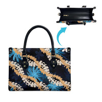 Puakenikeni Maile Lei Leather Bag Frangipani Blue Tropical Leaves LT01 - Polynesian Pride