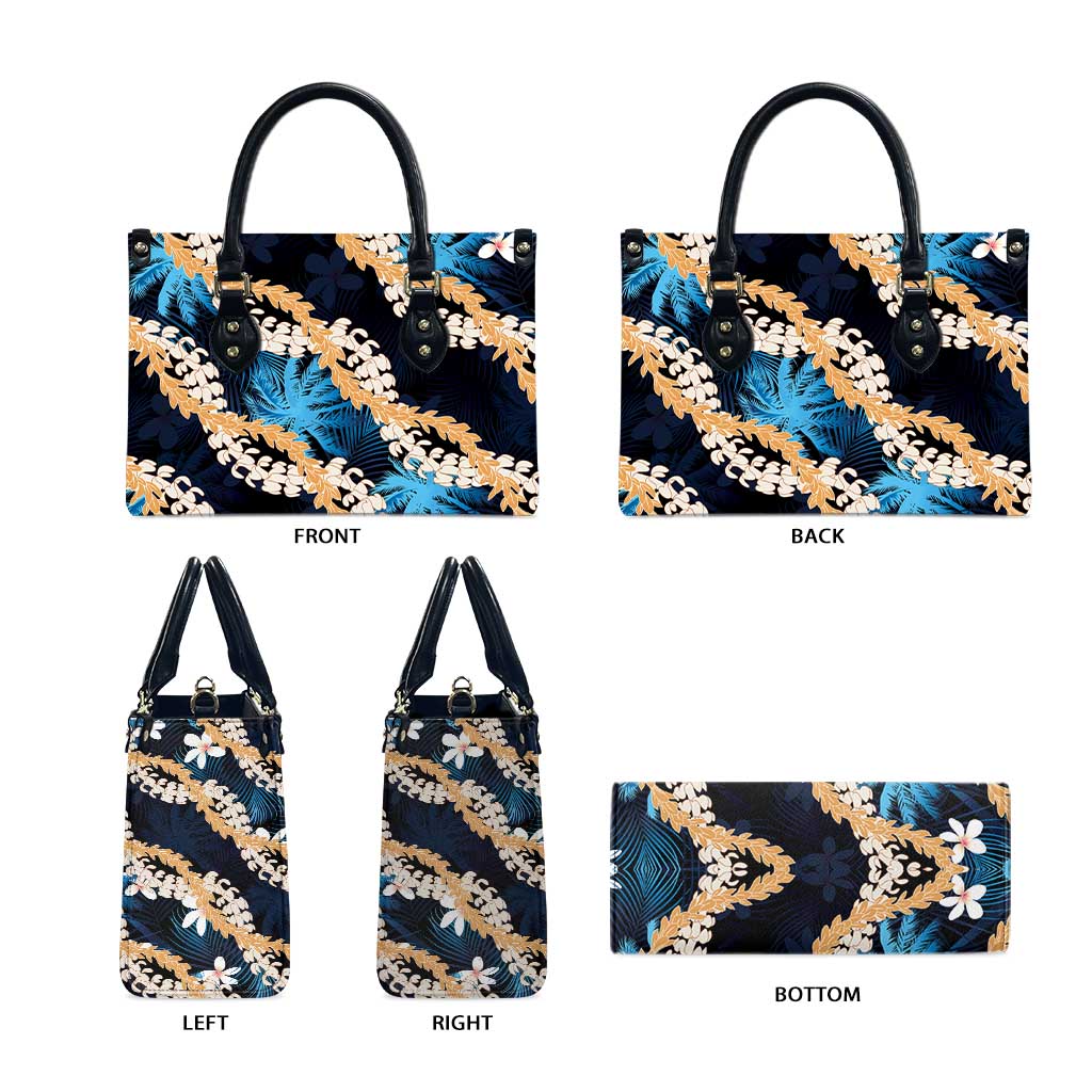 Puakenikeni Maile Lei Leather Bag Frangipani Blue Tropical Leaves LT01 - Polynesian Pride