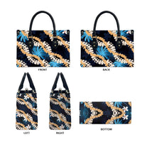 Puakenikeni Maile Lei Leather Bag Frangipani Blue Tropical Leaves LT01 - Polynesian Pride
