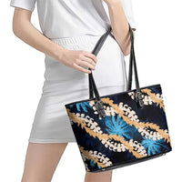 Puakenikeni Maile Lei Leather Tote Bag Frangipani Blue Tropical Leaves