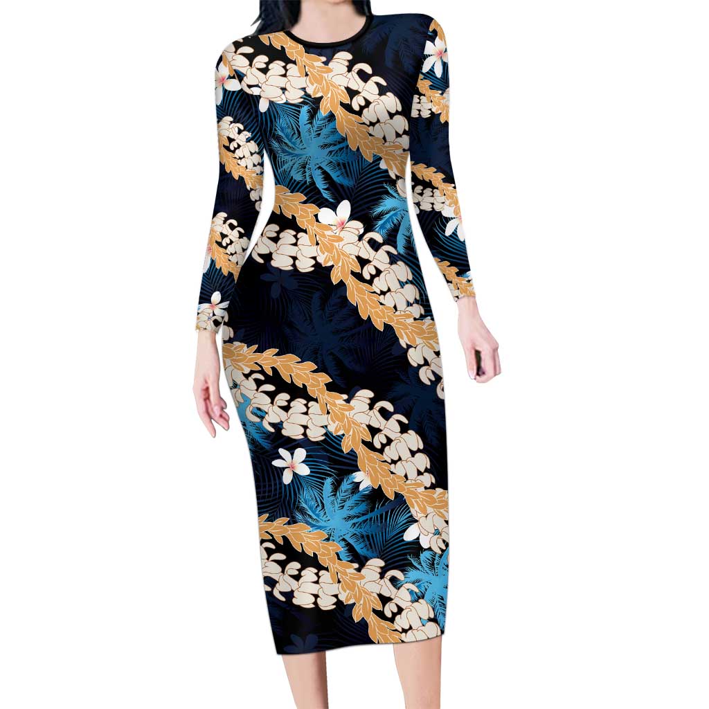 Puakenikeni Maile Lei Long Sleeve Bodycon Dress Frangipani Blue Tropical Leaves LT01 Long Dress Blue - Polynesian Pride