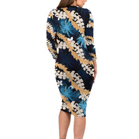 Puakenikeni Maile Lei Long Sleeve Bodycon Dress Frangipani Blue Tropical Leaves LT01 - Polynesian Pride