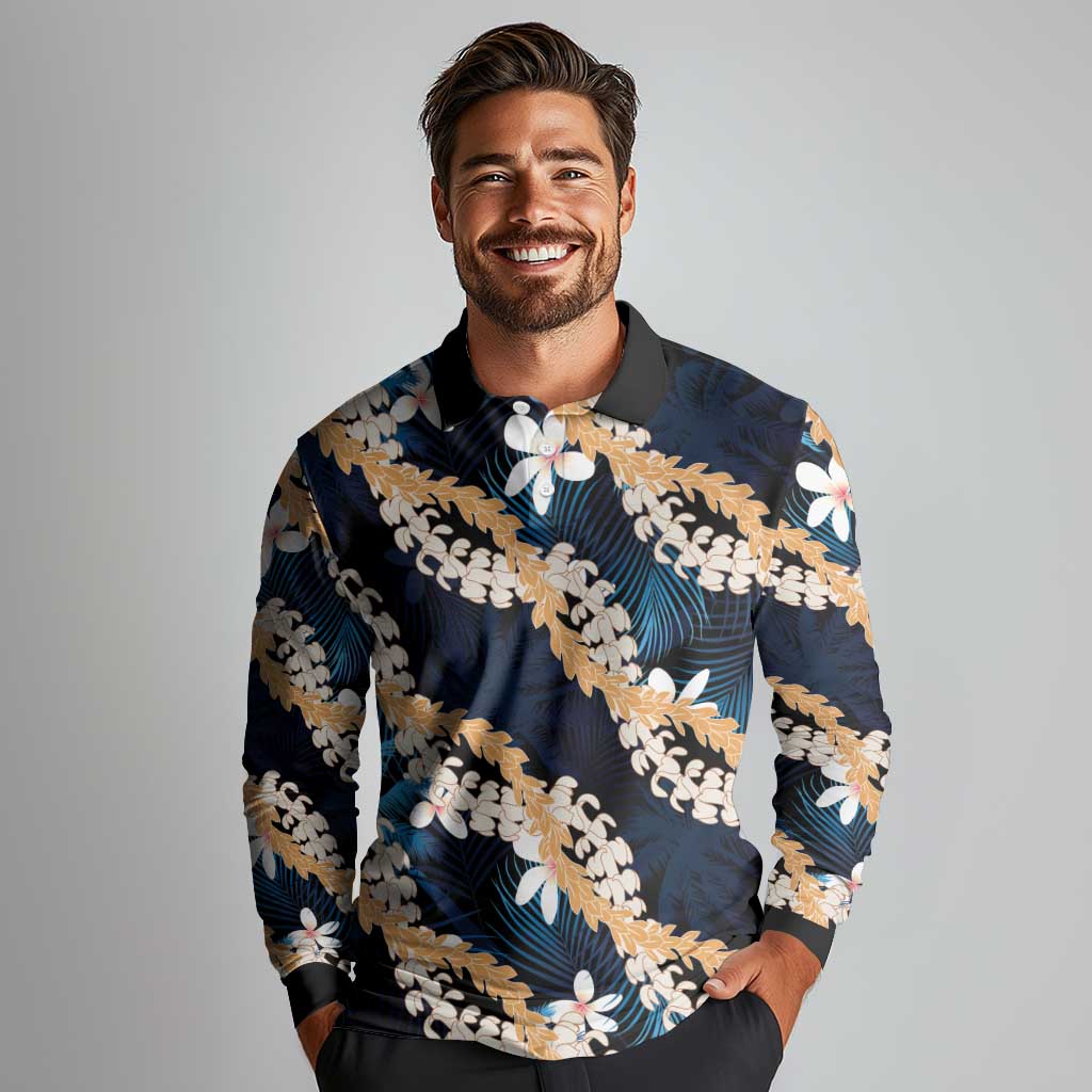 Puakenikeni Maile Lei Long Sleeve Polo Shirt Frangipani Blue Tropical Leaves