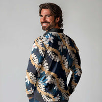 Puakenikeni Maile Lei Long Sleeve Polo Shirt Frangipani Blue Tropical Leaves