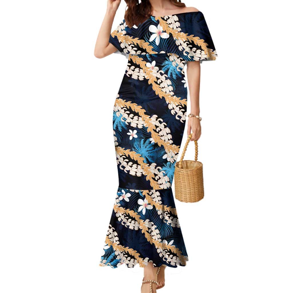 Puakenikeni Maile Lei Mermaid Dress Frangipani Blue Tropical Leaves LT01 Women Blue - Polynesian Pride