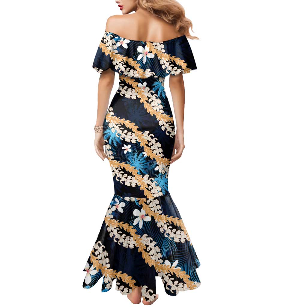 Puakenikeni Maile Lei Mermaid Dress Frangipani Blue Tropical Leaves LT01 - Polynesian Pride