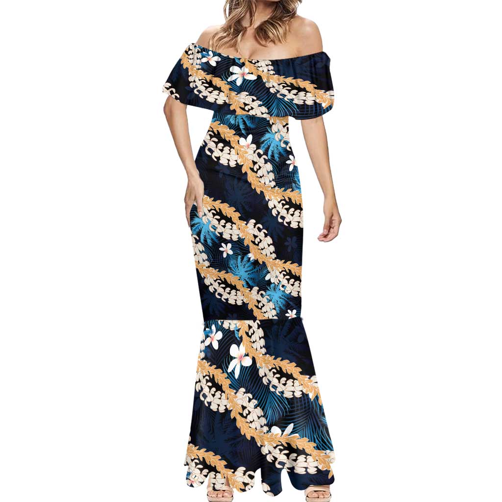 Puakenikeni Maile Lei Mermaid Dress Frangipani Blue Tropical Leaves LT01 - Polynesian Pride
