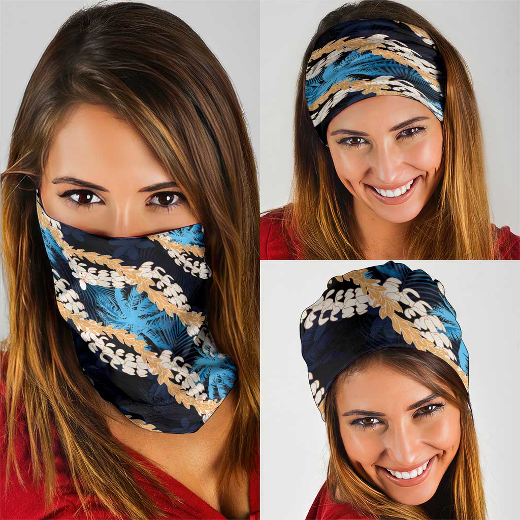 Puakenikeni Maile Lei Neck Gaiter Frangipani Blue Tropical Leaves