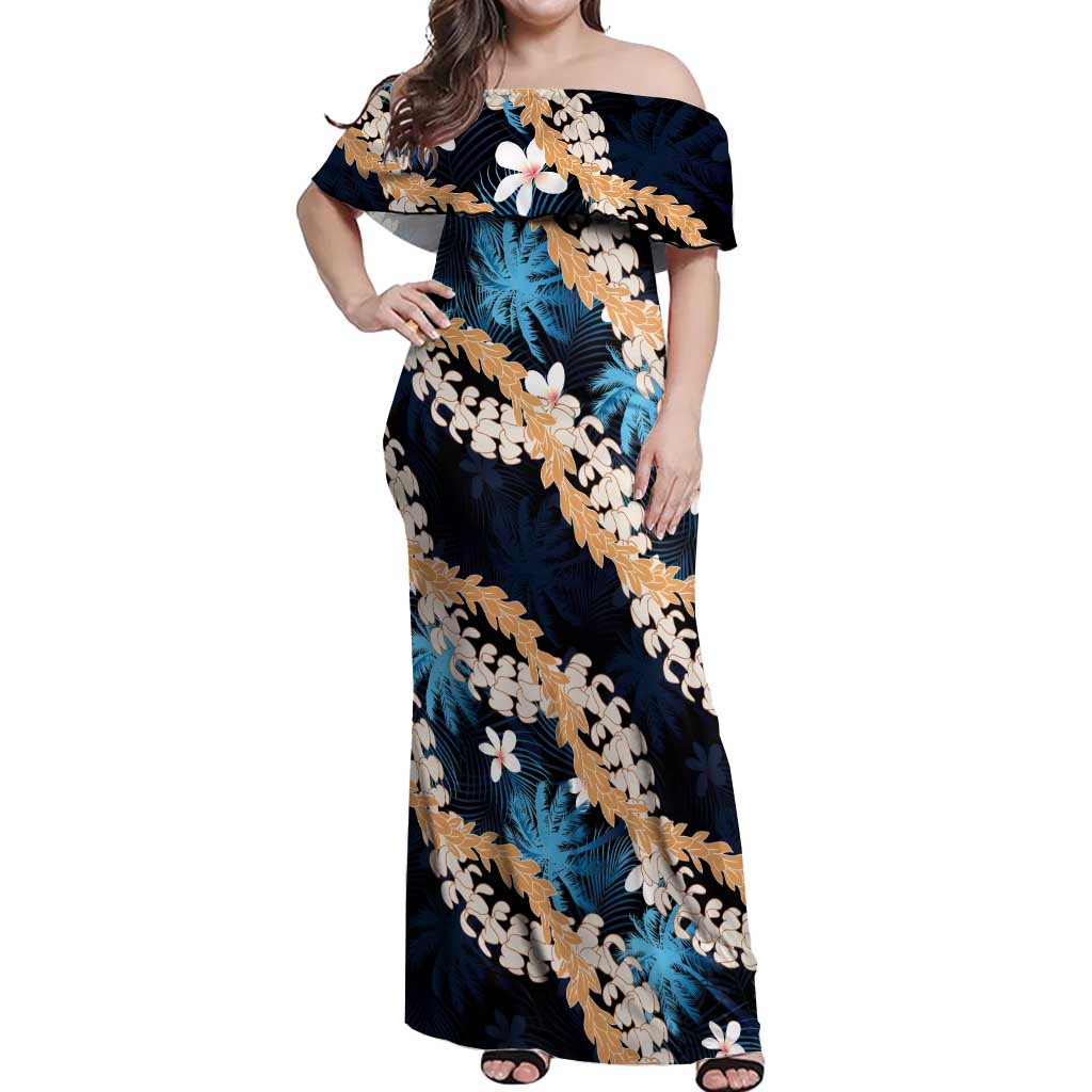 Puakenikeni Maile Lei Off Shoulder Maxi Dress Frangipani Blue Tropical Leaves