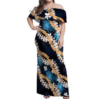 Puakenikeni Maile Lei Off Shoulder Maxi Dress Frangipani Blue Tropical Leaves