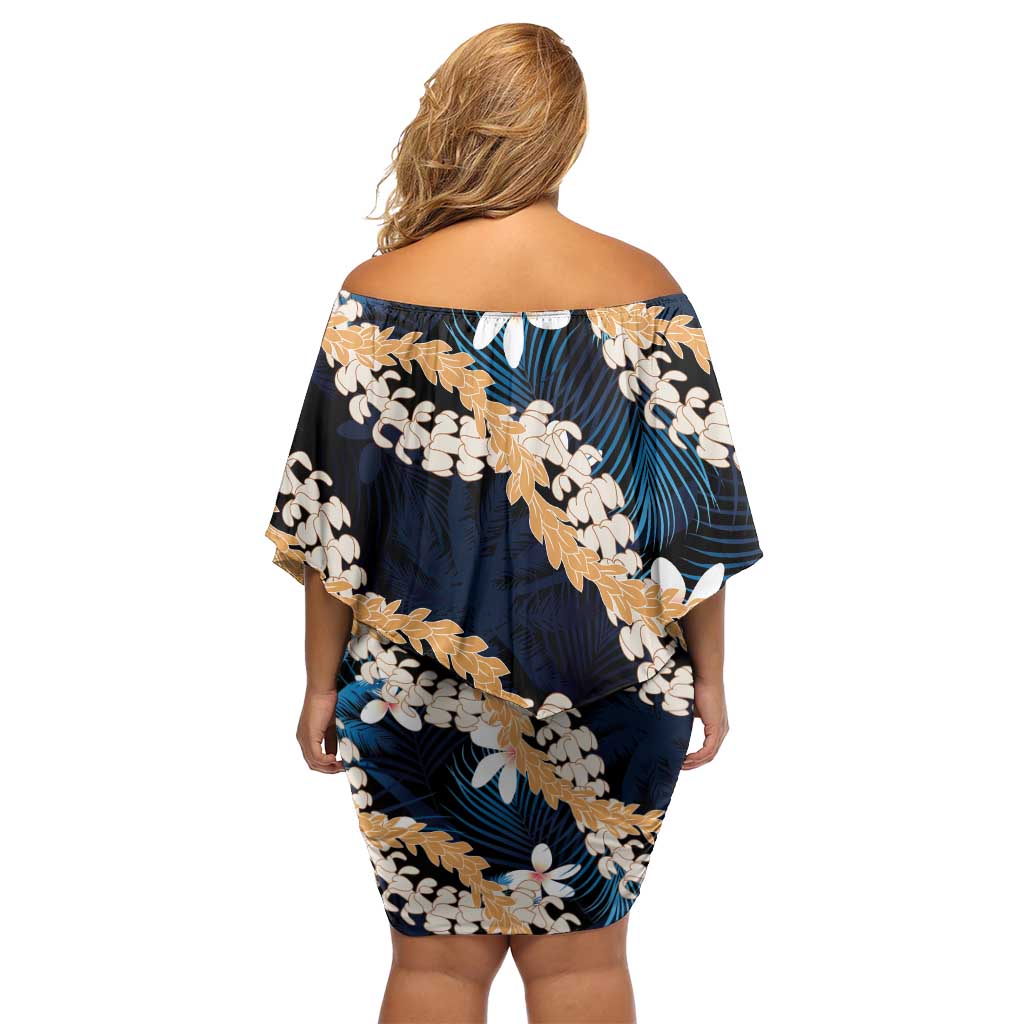 Puakenikeni Maile Lei Off Shoulder Short Dress Frangipani Blue Tropical Leaves