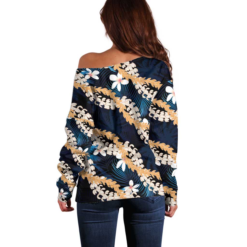Puakenikeni Maile Lei Off Shoulder Sweater Frangipani Blue Tropical Leaves