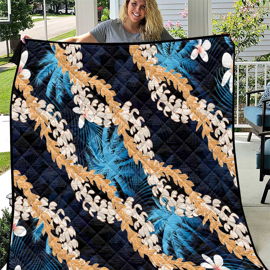 Puakenikeni Maile Lei Quilt Frangipani Blue Tropical Leaves LT01 Blue - Polynesian Pride