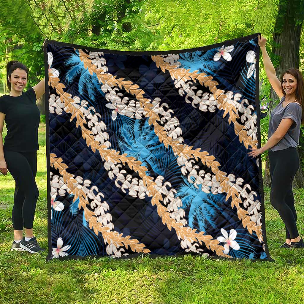 Puakenikeni Maile Lei Quilt Frangipani Blue Tropical Leaves LT01 - Polynesian Pride