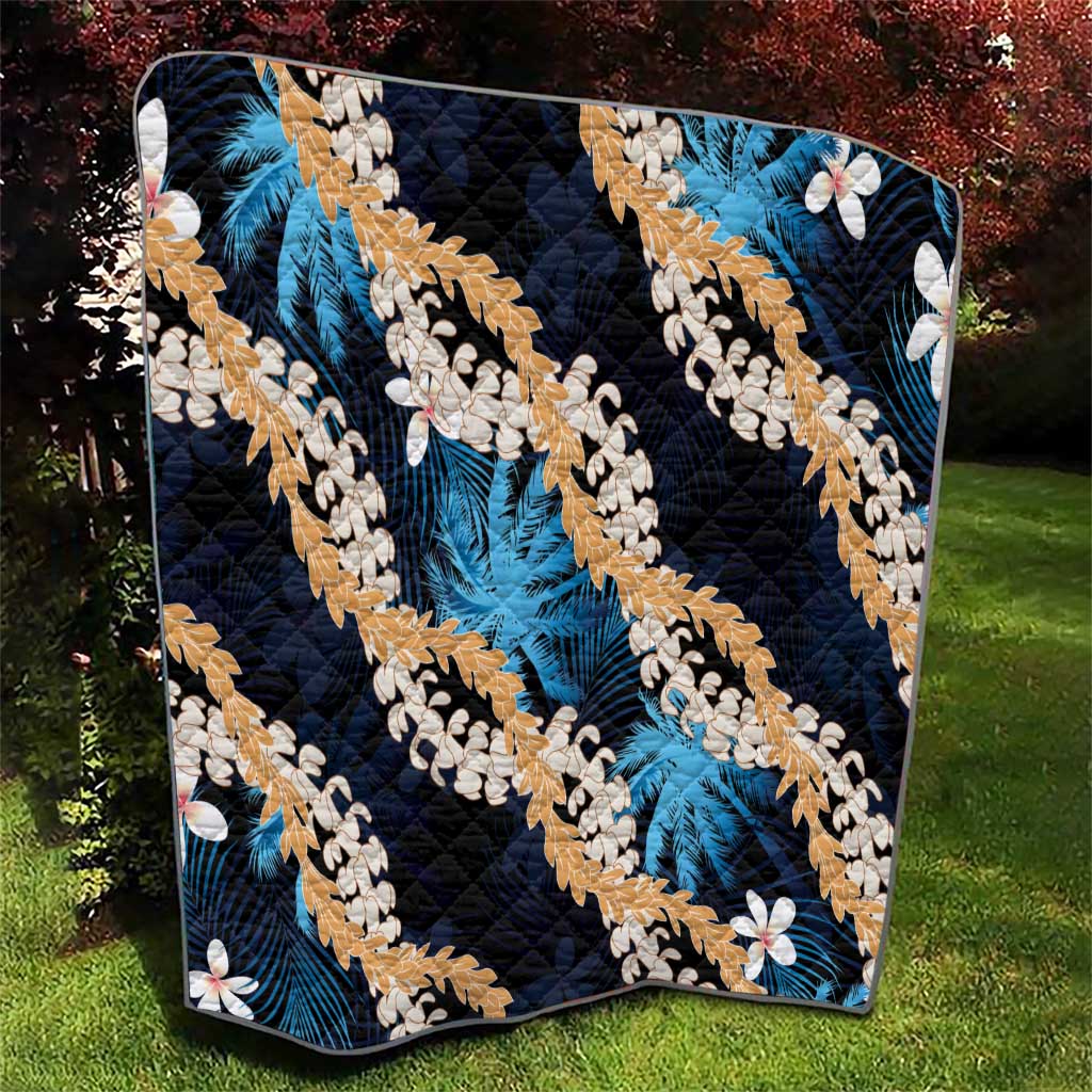 Puakenikeni Maile Lei Quilt Frangipani Blue Tropical Leaves LT01 - Polynesian Pride