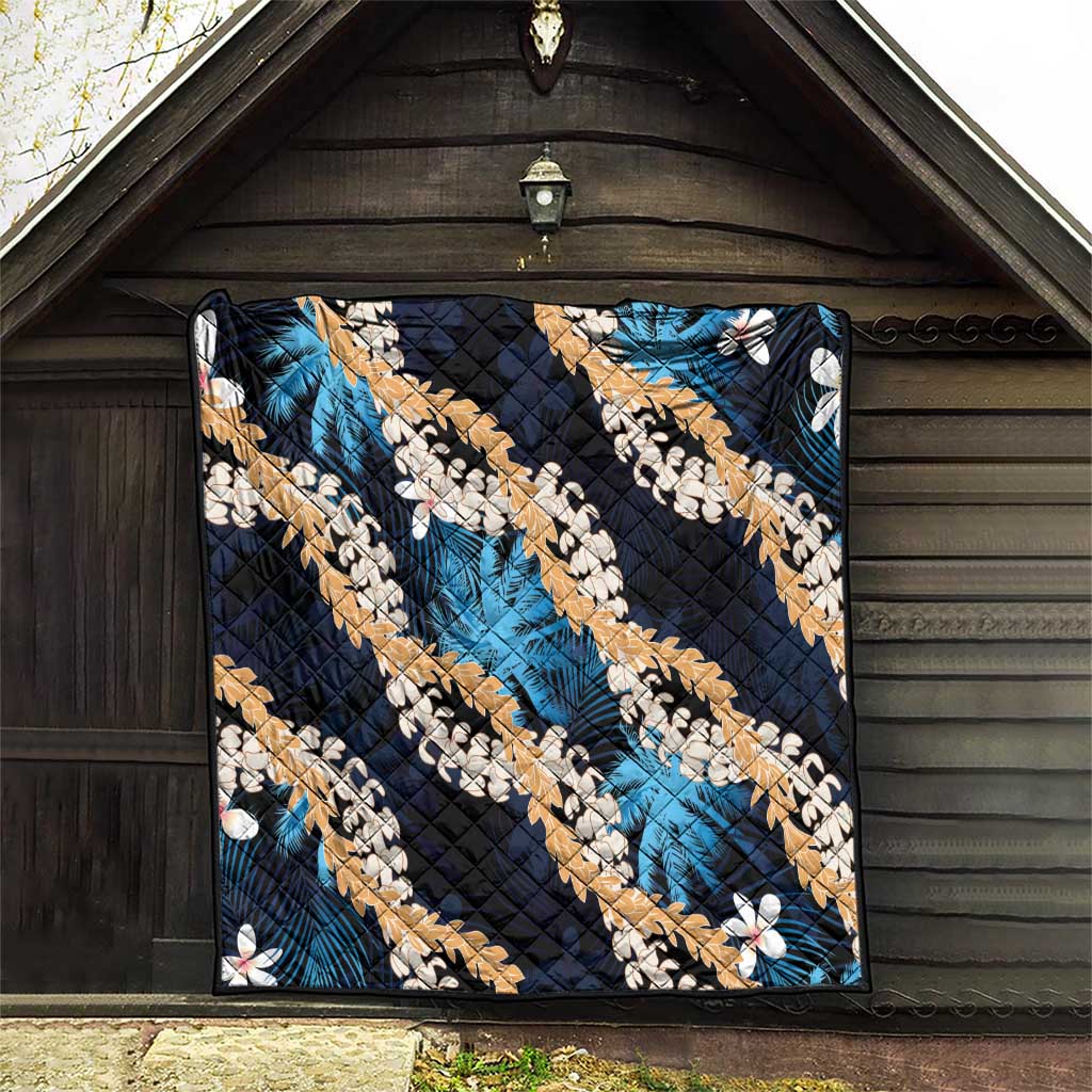 Puakenikeni Maile Lei Quilt Frangipani Blue Tropical Leaves LT01 - Polynesian Pride