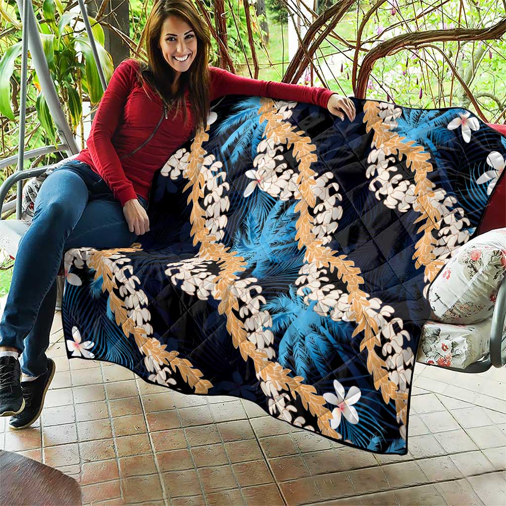 Puakenikeni Maile Lei Quilt Frangipani Blue Tropical Leaves LT01 - Polynesian Pride